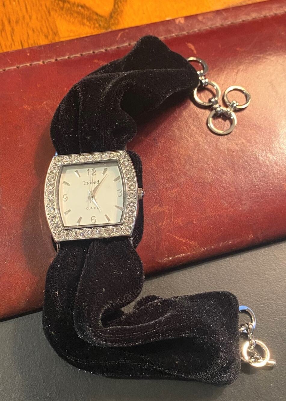 Women's 30mm Silver Tone Indeed Watch, Black Velvet Strap, Crystal Accents